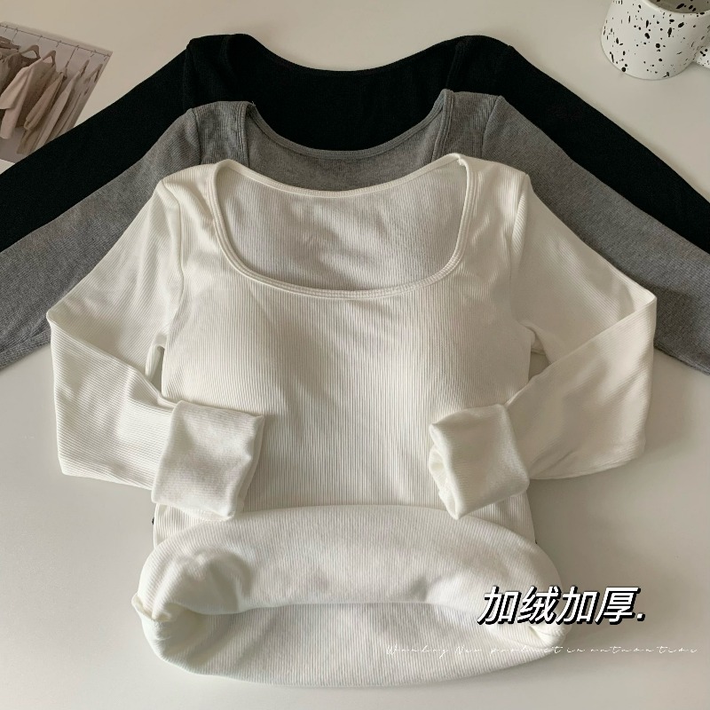 白色打底衫加絨加厚方領正肩T恤女秋冬新款內搭修身純色長袖上衣