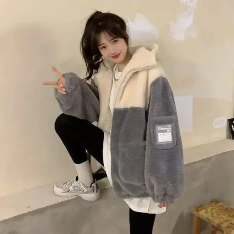 羊羔毛絨外套女2023新款冬季學生保暖加厚連帽上衣外套潮ins
