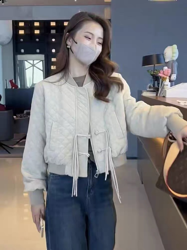 秋冬新款女裝輕薄夾棉棒球服外套菱格棉服女洋氣小眾立領上衣棉襖
