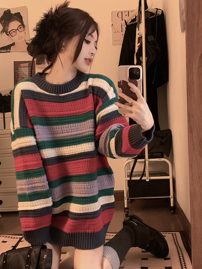 實拍~ 新款韓版寬鬆慵懶風復古撞色條紋圓領針織套頭毛衣女
