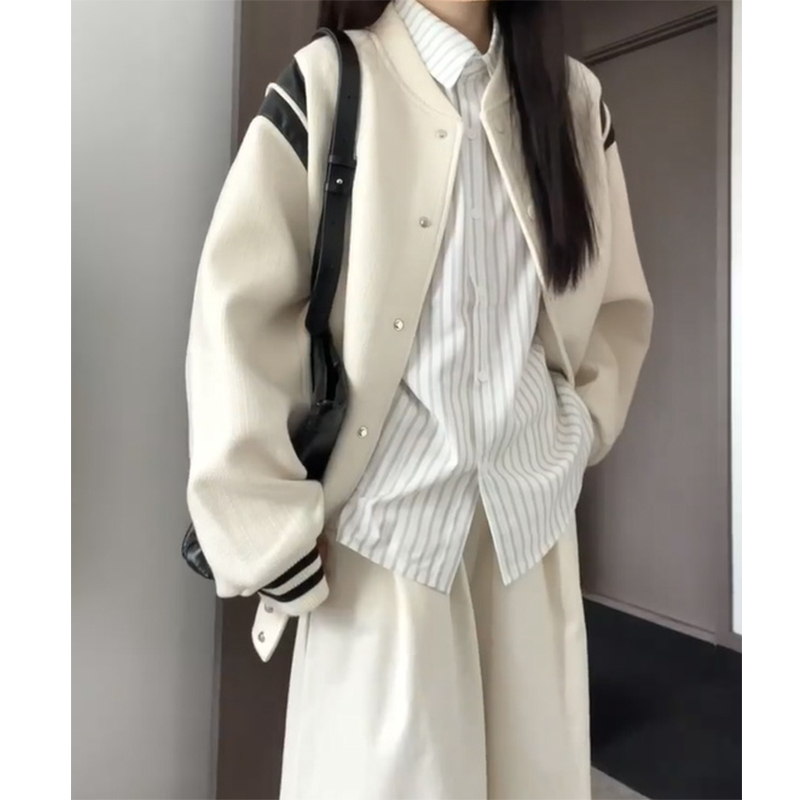 官圖粗紡有內里小香棒球服撞色拼接PU皮外套女寬鬆外套女