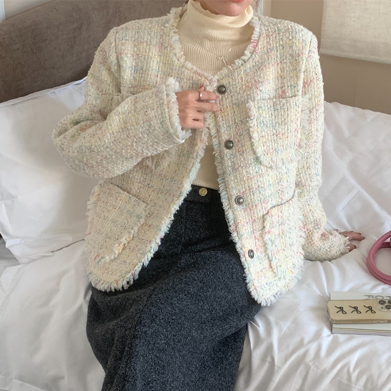 實拍 法式溫柔 復古小香風粗花呢編織彩色流蘇外套單排扣西裝