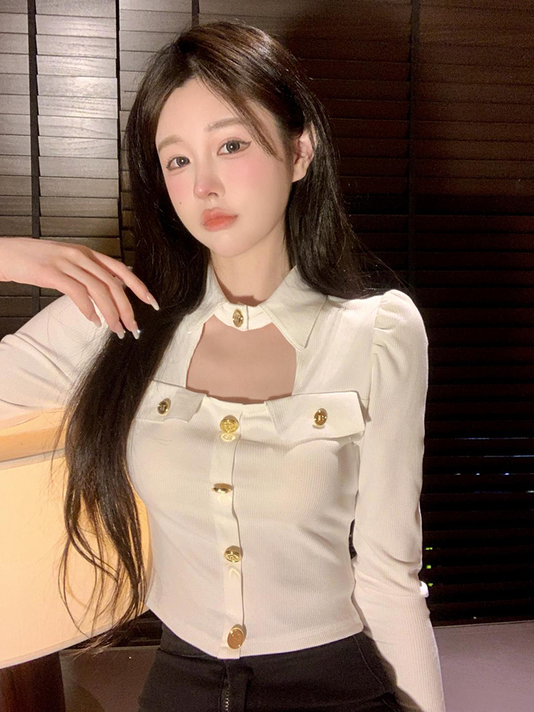 小心機金屬扣POLO領修身長袖針織T恤女初秋純欲辣妹性感短款上衣