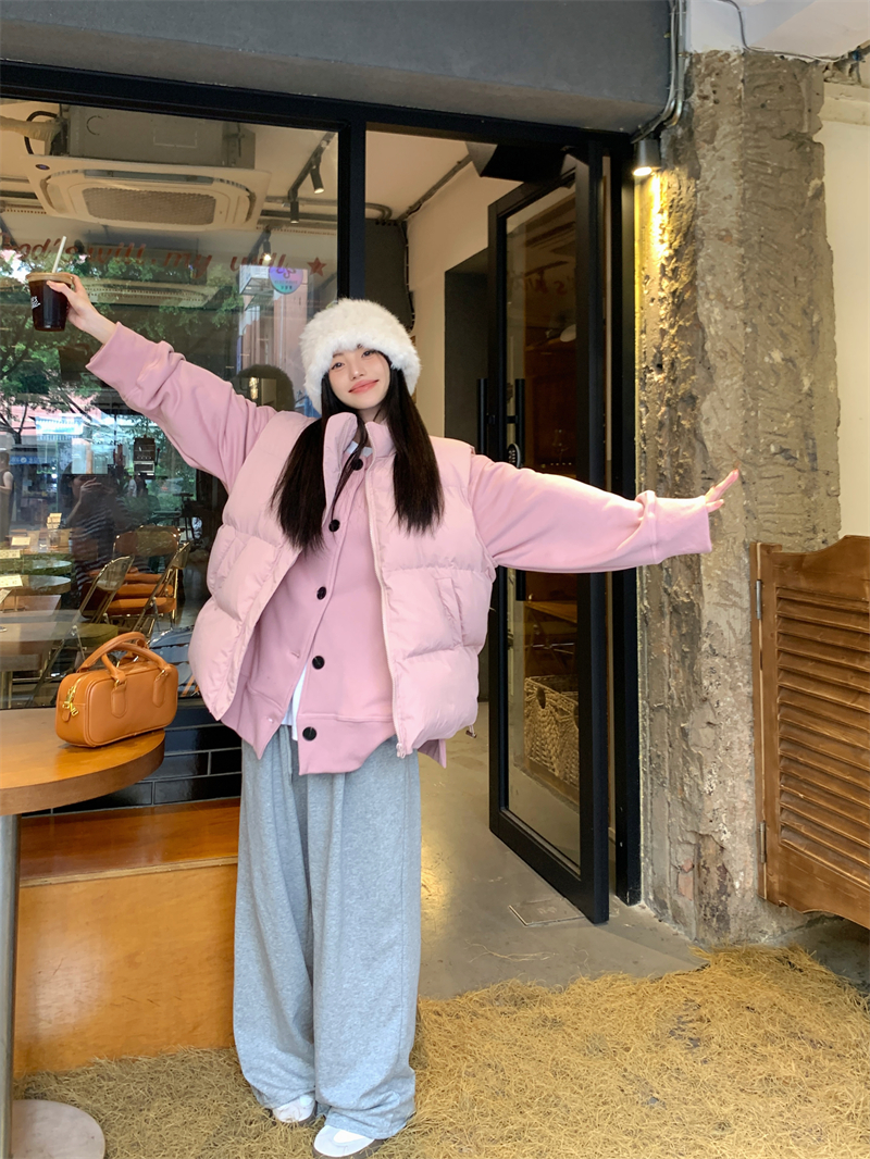 實拍 韓版寬鬆疊穿保暖馬甲外套立領棉服+加絨開叉衛衣