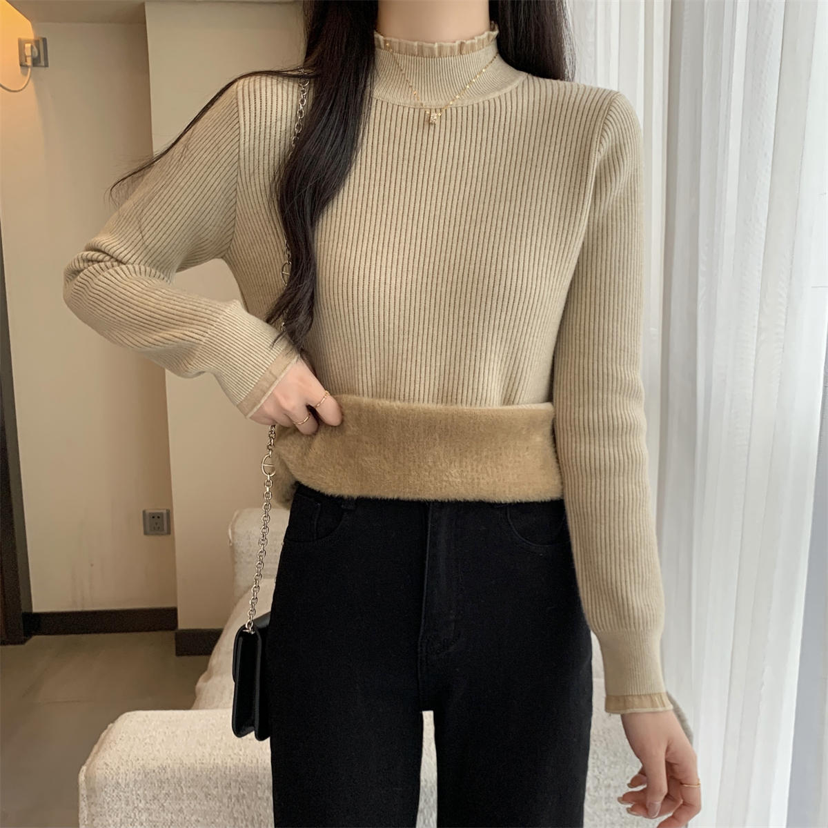 實拍 秋冬韓版半高領網紗溫柔一體絨修身內搭針織打底女毛衣
