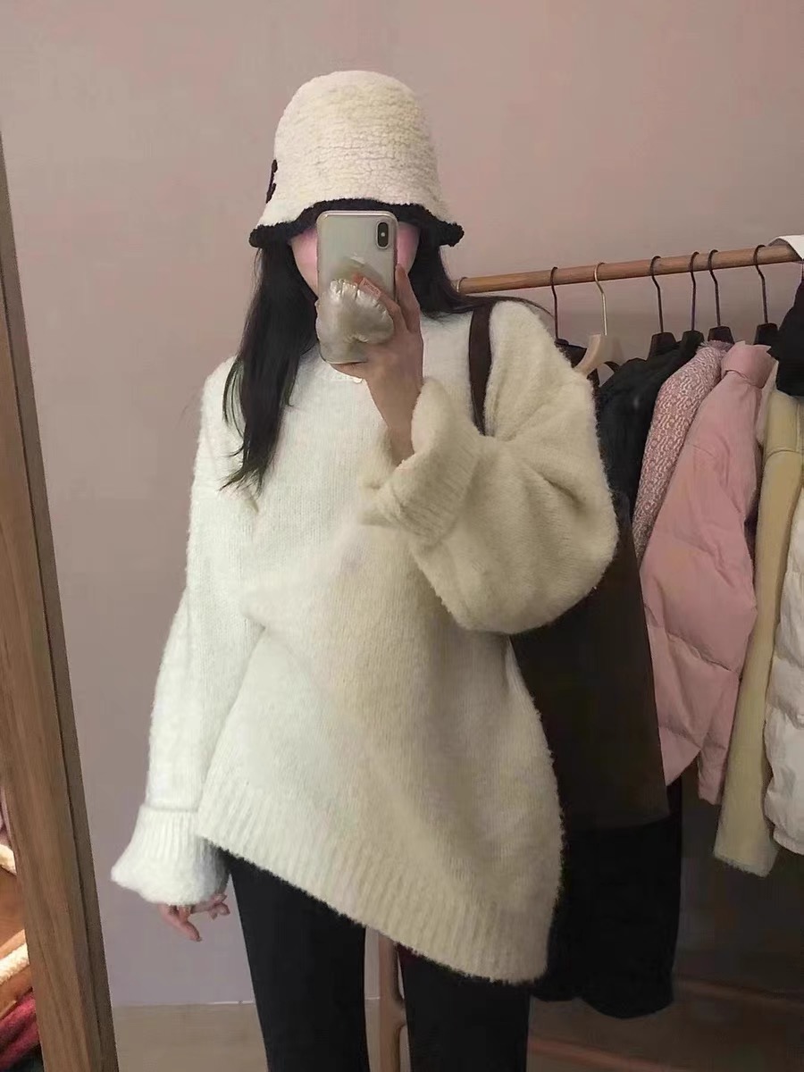 慵懶風羊駝絨加厚套頭長袖毛衣女2023秋冬新款時尚減齡洋氣針織衫