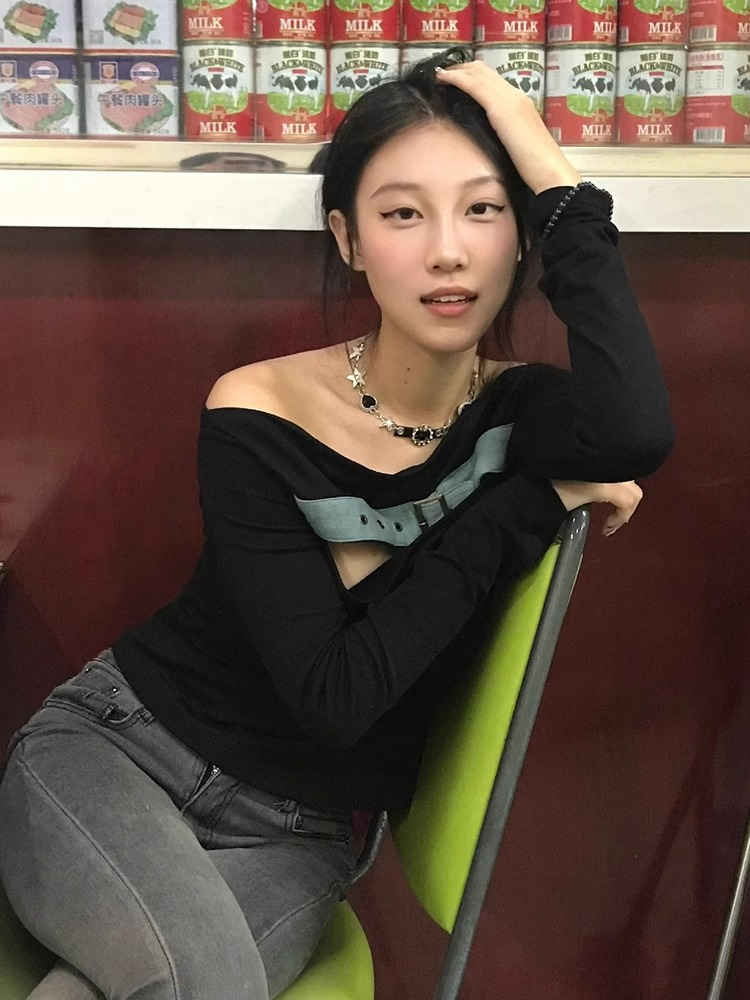 人棉莫代爾1X1隨心裁 美式長袖T恤女秋季設計感拼接牛仔體恤潮
