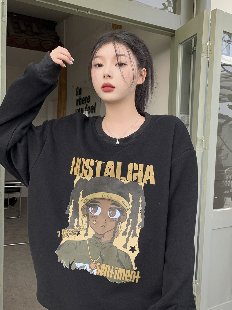 實拍三標齊慵懶風美式趣味印花加絨常規圓領套頭寬鬆顯瘦衛衣