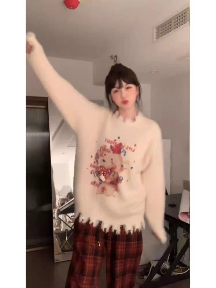 NCXK秋聖誕小狗毛衣女秋冬立體蝴蝶結設計不規則下擺破壞針織衫