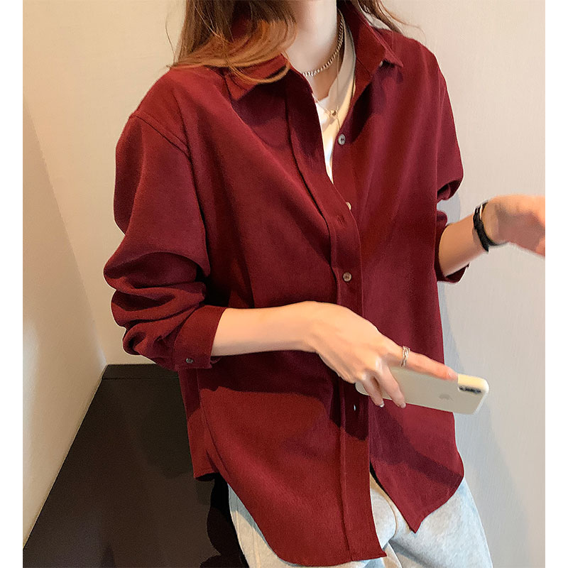 Corduroy shirt for women 2023 new autumn Hong Kong style design niche top retro inner long-sleeved layered shirt