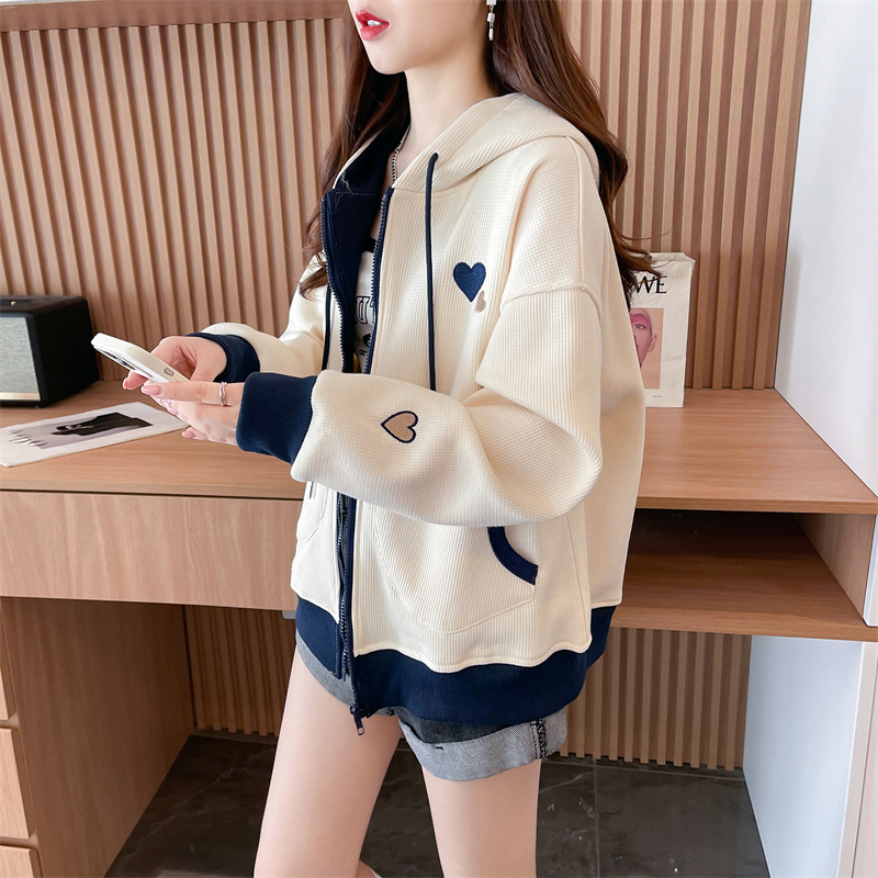 實拍 加絨寬鬆連帽棒球服外套女秋冬設計感撞色拼接字母刺繡開衫