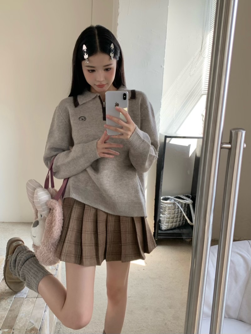 實拍翻領刺繡設計感毛衣套頭外套