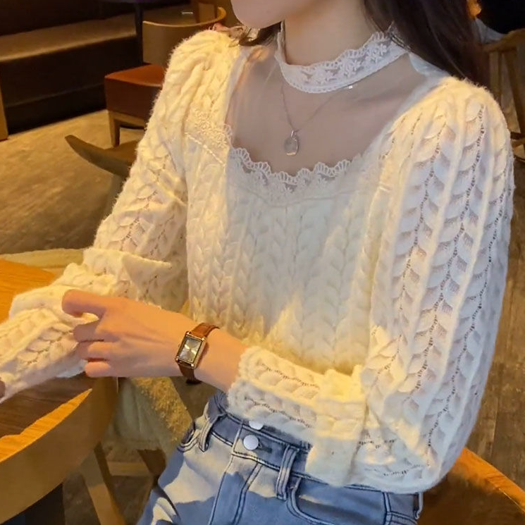 秋裝超仙甜美鏤空蕾絲衫胖妹妹大碼加絨溫柔風打底上衣M-4XL200斤