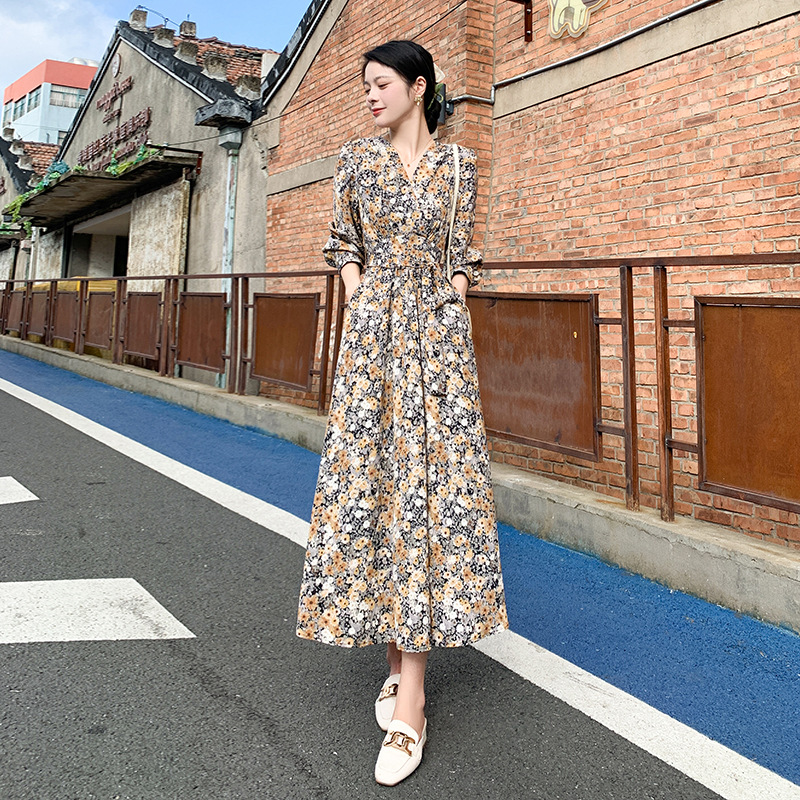 氣質新款開叉長袖波西米亞辣妹性感跨境歐美新品法式顯瘦連衣裙