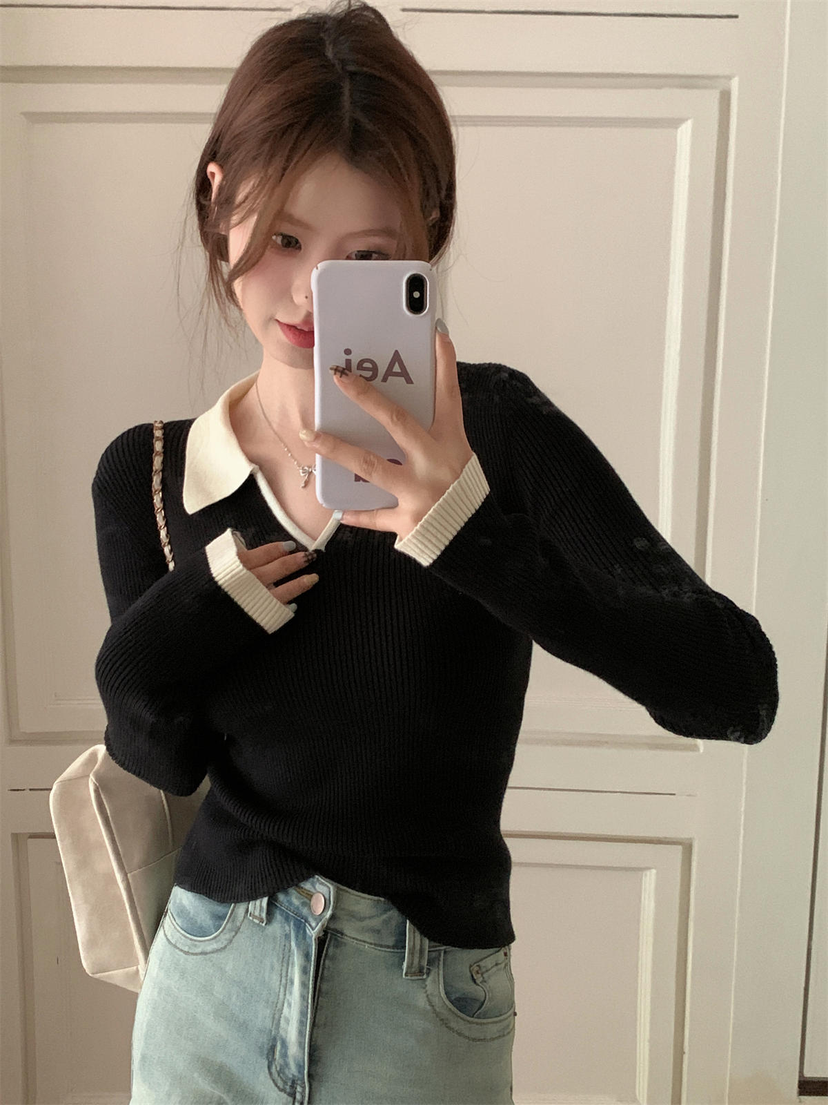 實拍 秋冬韓版修身百搭撞色Polo領氣質內搭針織打底衫毛衣女