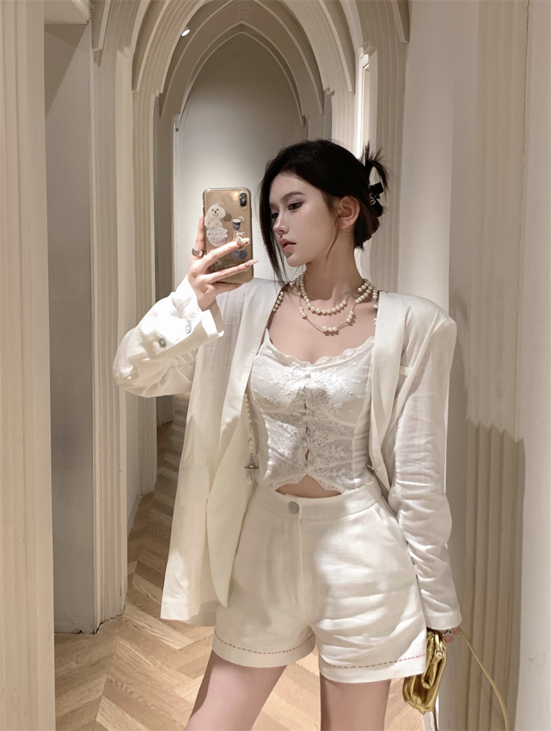 實拍 白色亞麻西服薄款高級感防曬外套+西裝短褲