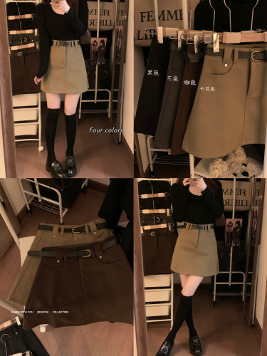 Actual shot~Autumn and winter Korean version retro versatile slimming anti-exposure woolen skirt A-line skirt