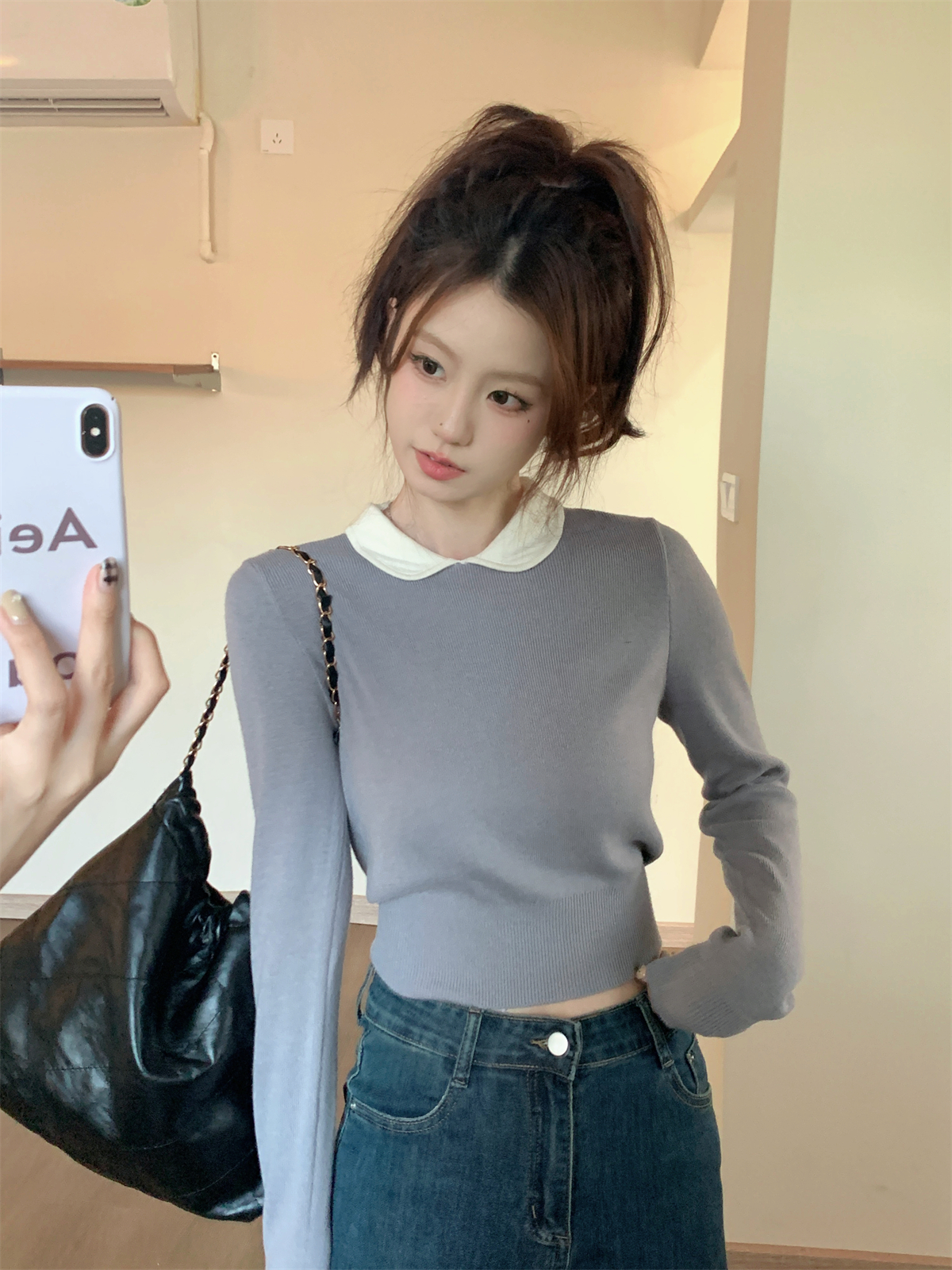 實拍 秋冬韓版修身撞色娃娃領氣質顯瘦內搭針織打底女毛衣