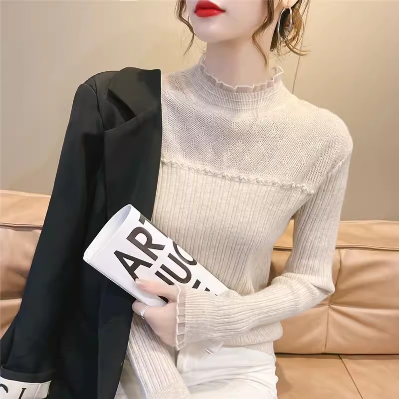 2023秋冬新款甜美萬能打底衫女毛衣半高領修身蕾絲內搭針織衫上衣
