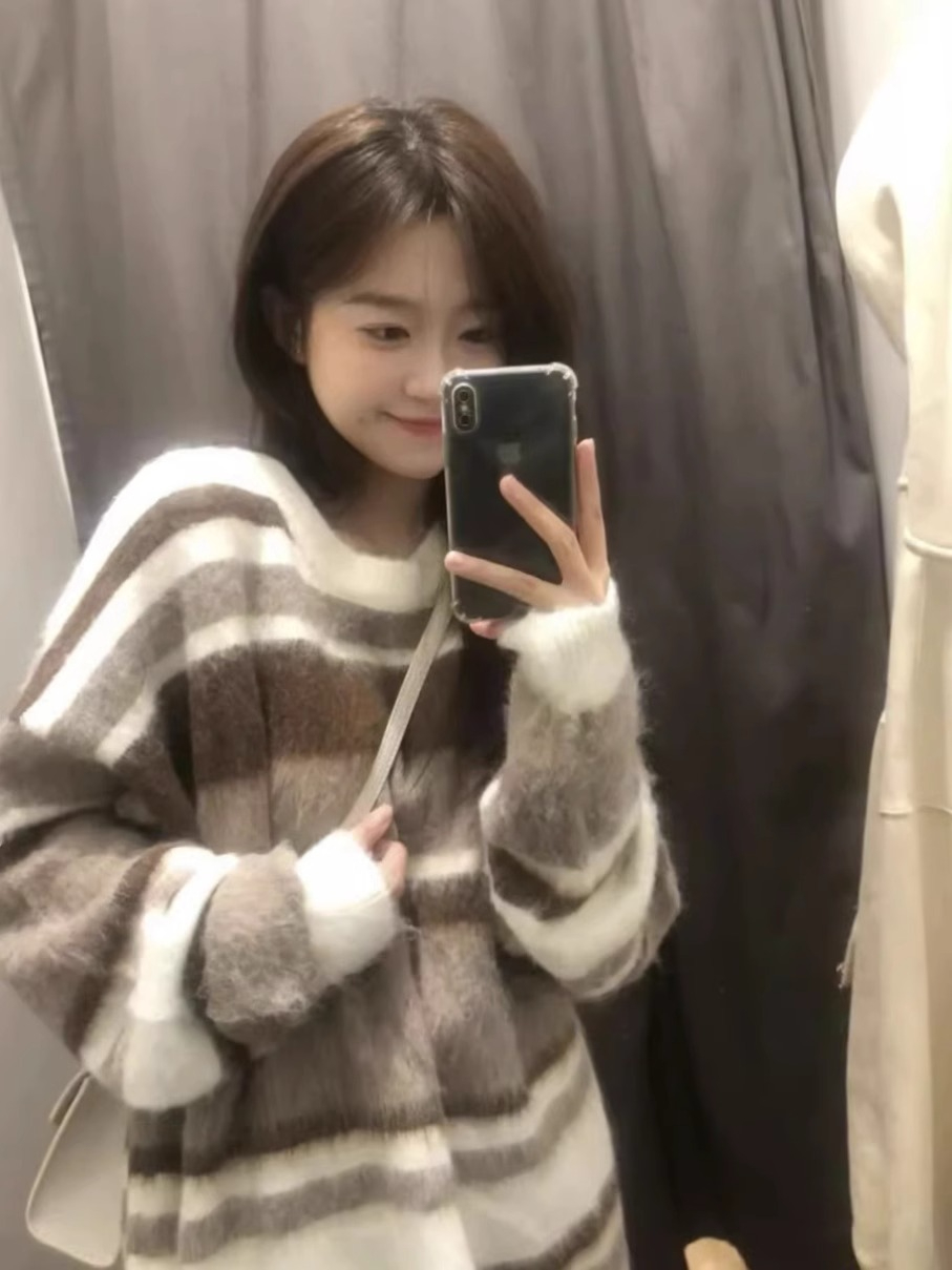 新款寬鬆慵懶風設計感小眾針織外套復古棕韓版學生條紋毛衣女秋冬