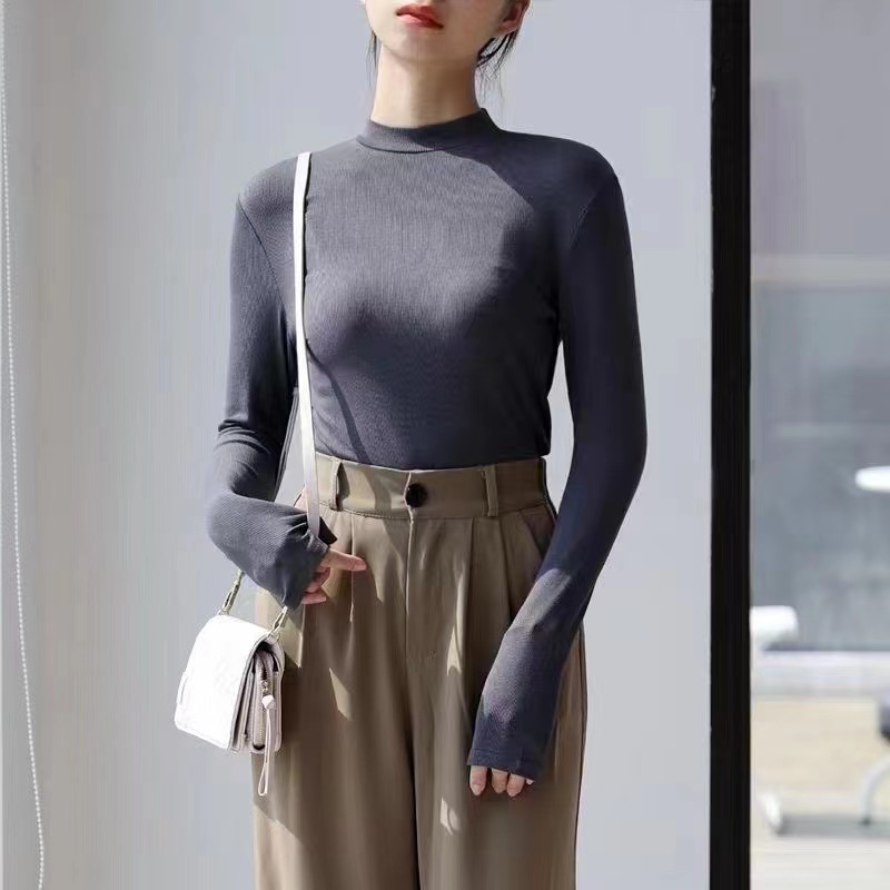 打底衫女內搭長袖t恤2023秋冬修身韓版上衣服黑色半高領春秋衣薄