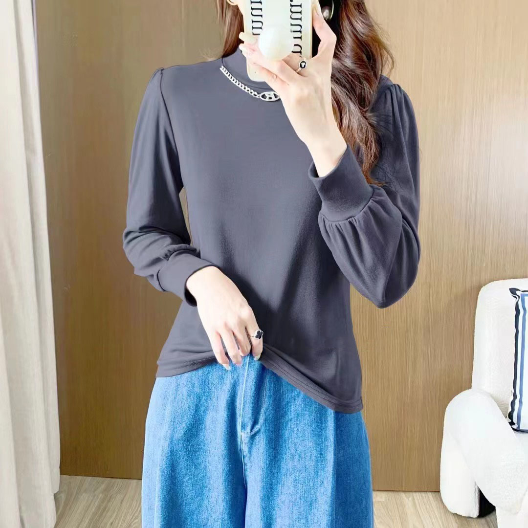 洋氣泡泡袖長袖T恤女秋冬大碼胖mm顯瘦減齡內搭半高領打底衫上衣