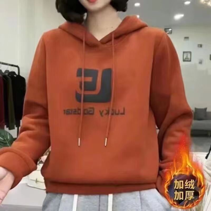 連帽印花加絨加厚一體絨衛衣秋冬新款女裝寬鬆韓版休閒洋氣減齡潮