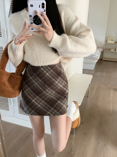 Real shot ~ Large size fat mm autumn and winter woolen plaid skirt high waist slimming versatile plaid a-line skirt