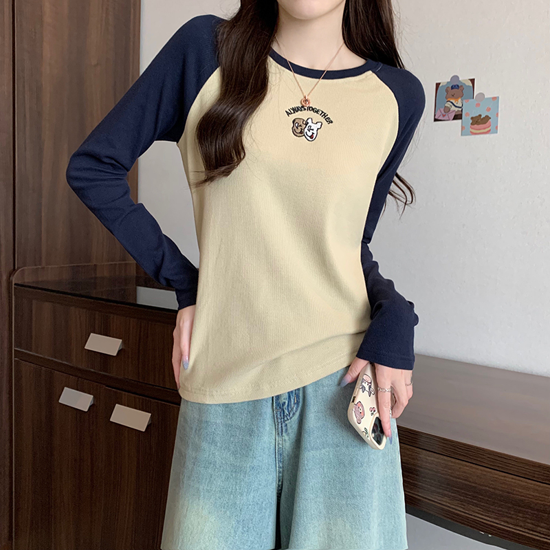 Real shot Autumn Korean style fine thread fleece fleece 260g round neck raglan sleeves printed large size long-sleeved T-shirt for women