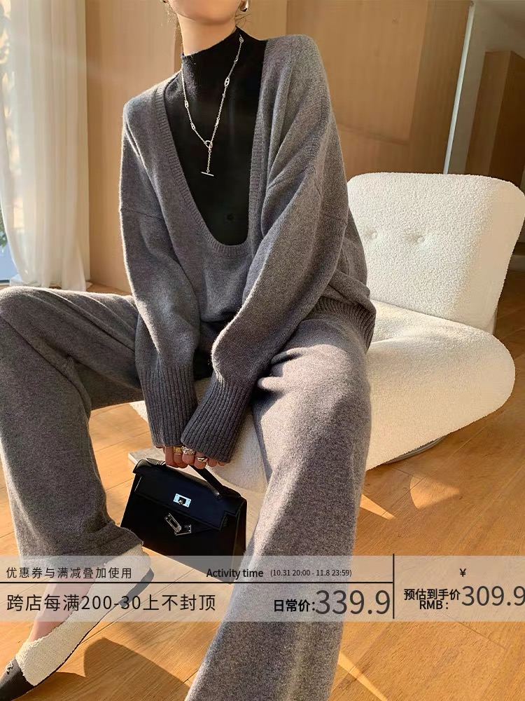 WANGXO套裝女秋季灰色慵懶風羊毛羊絨衫上衣高腰闊腿休閒褲兩件套