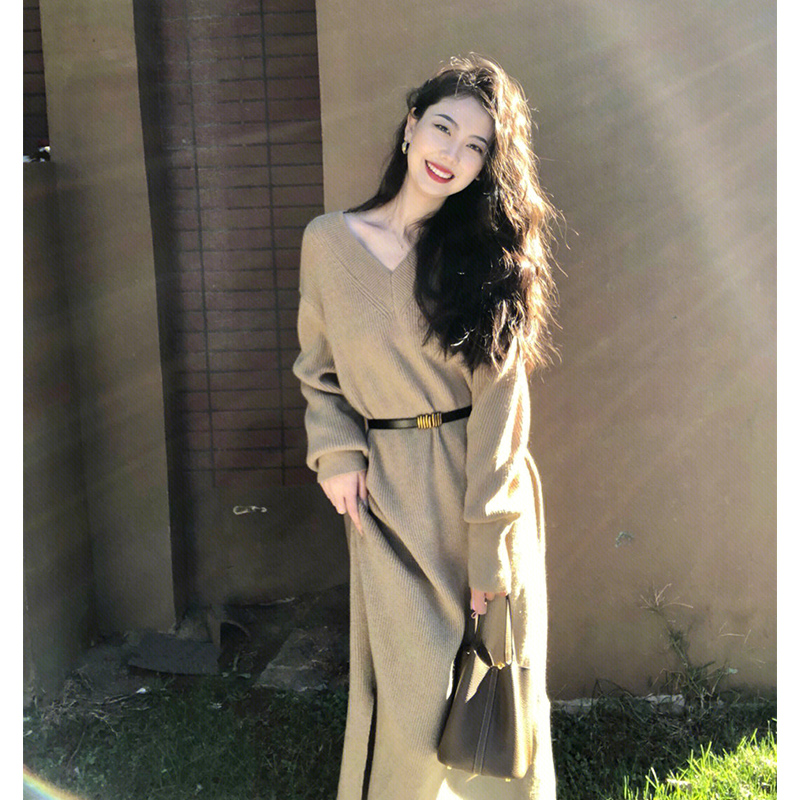 V-neck sweater dress women's autumn and winter over-the-knee dress winter mid-length inner bottoming long skirt knitted skirt
