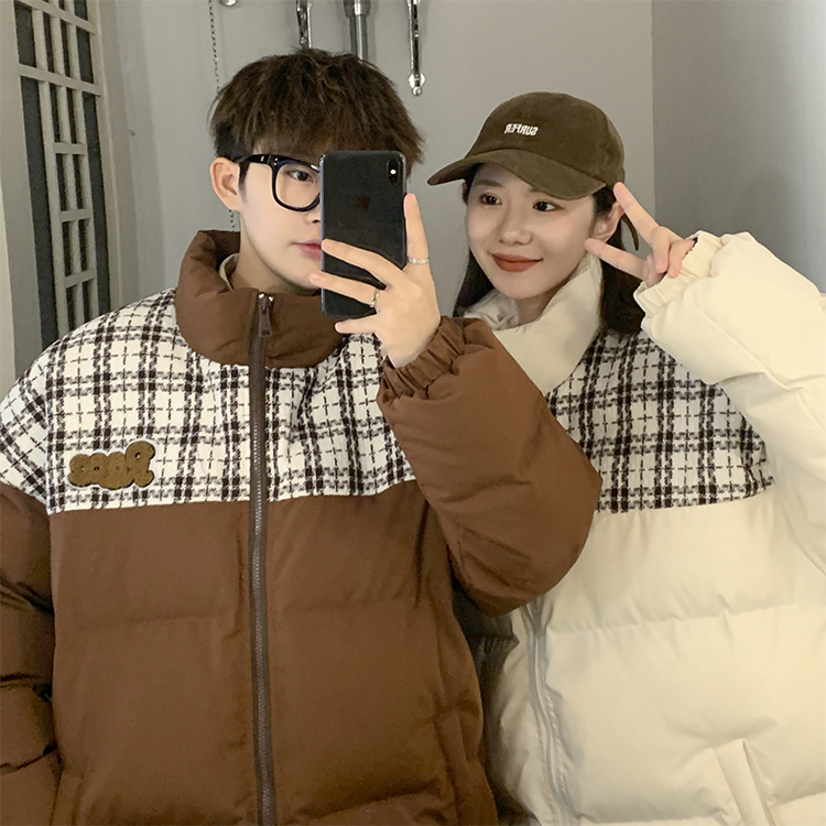 2023秋冬新款小香風格子拼接棉服加厚美式hiphop學生情侶棉衣外套