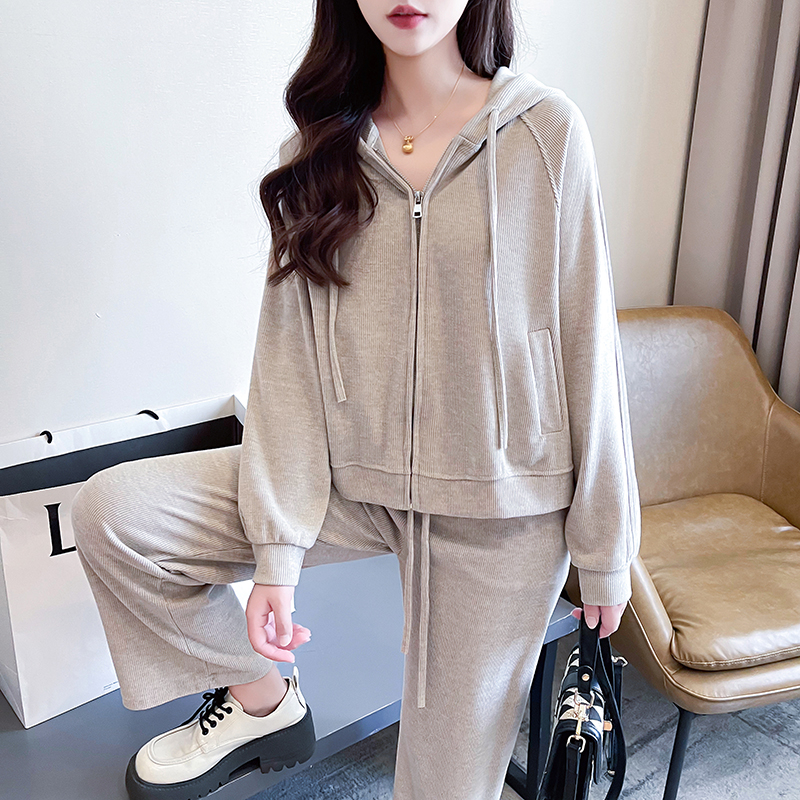 Actual shot of autumn Korean style loose imitation cashmere hooded short sweatshirt cardigan large size women's casual suit for women