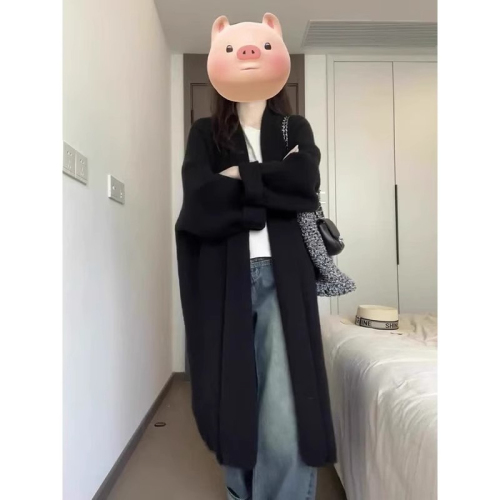 Lapel knitted jacket  new autumn Korean style commuting mid-length long-sleeved lazy style sweater knitted jacket