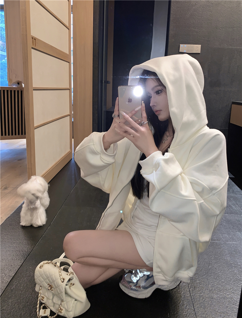 Actual shot ~ Hooded reflective letter sweatshirt for women in autumn and winter plus velvet and thickened casual all-match zipper jacket