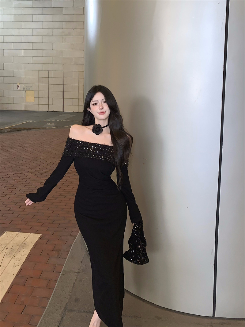 實拍~千金名媛黑色毛毛拼接一字肩收腰針織連衣裙禮服開叉裙