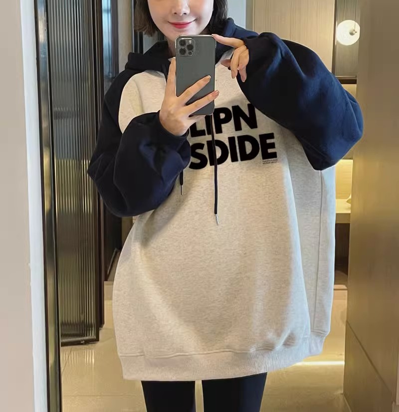 連帽衛衣女2023秋季新款韓版字母印花拼接百搭插肩袖長袖上衣