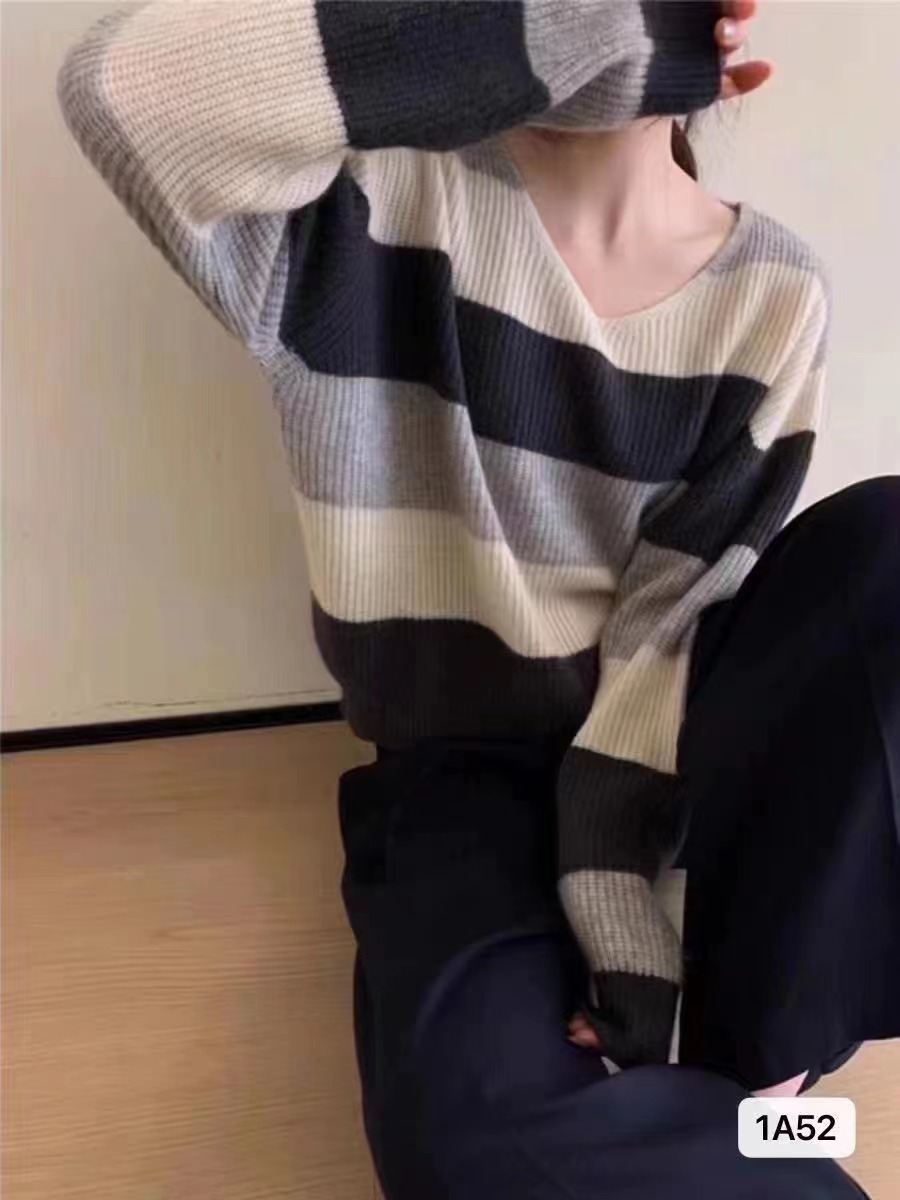 秋冬新款韓版東大門慵懶風V領撞色條紋寬鬆長袖上衣女
