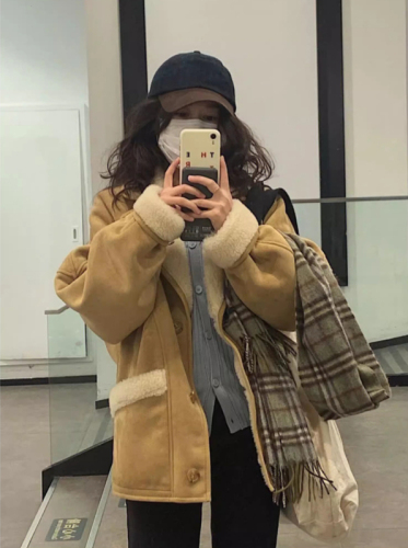 Original method of suede short coat for women, lamb wool, small fragrant style fur, one-piece lamb velvet cotton jacket for winter