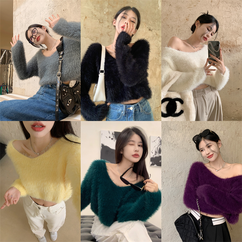 Actual shot~6 colors/design pure desire V-neck sexy solid color imitation mink velvet simple short sweater for women