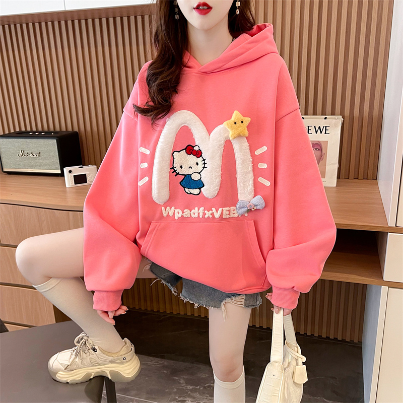 實拍 純棉面複合牛奶絲 HelloKitty毛絨刺繡連帽薄款衛衣女秋冬季