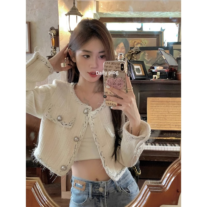 秋季法式粗花呢小香風外套女設計感白色開衫高級感短款小西裝上衣