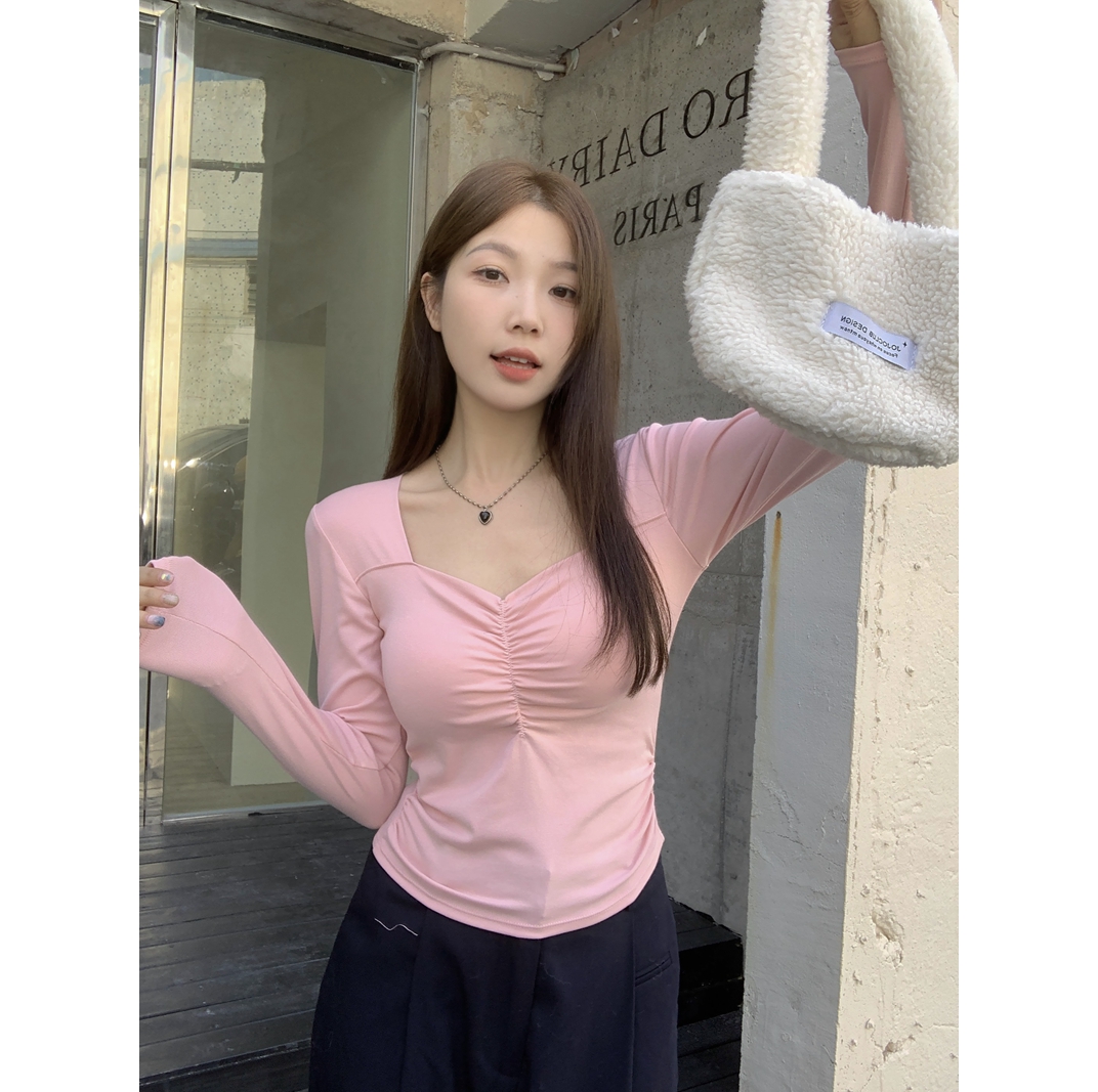 實拍 秋冬新款帶胸墊打底衫長袖t恤女修身顯瘦內搭上衣