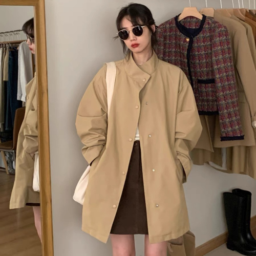 Khaki mid-length windbreaker jacket for women 2023 autumn and winter new style this year's popular coat for small people