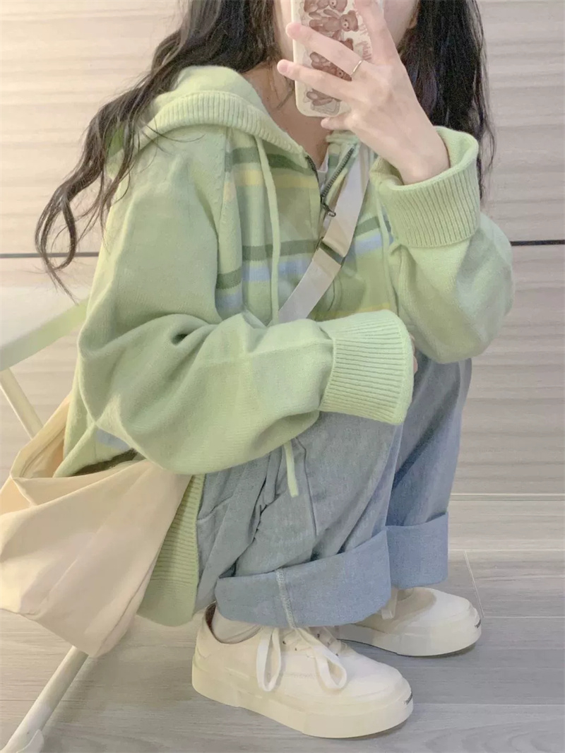 綿羊絨3根加厚大版條紋撞色開衫女慵懶風連帽針織毛衣外套