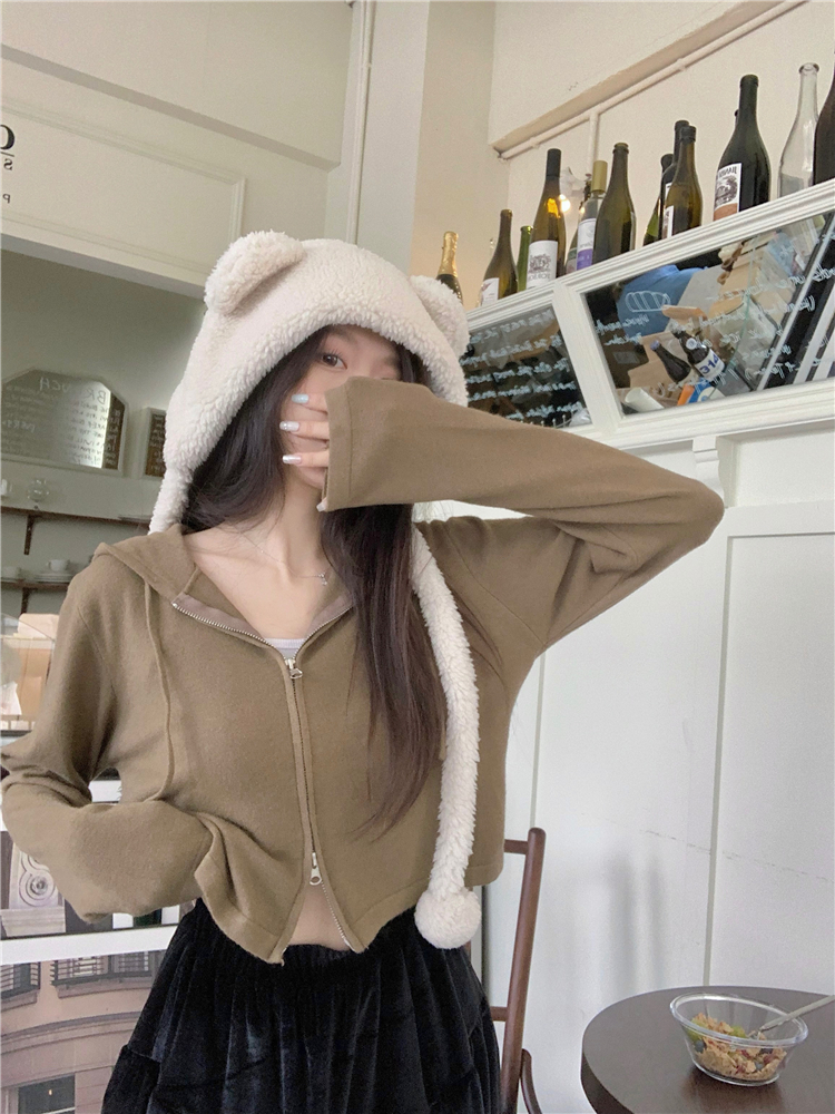 實拍~V領連帽針織衫女短款開衫秋季韓版設計感顯瘦長袖上衣