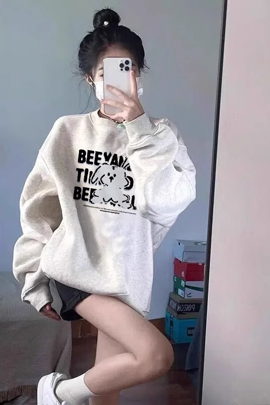 CVC棉麵食毛華棉複合/牛奶絲300克銀狐絨400克前 印花圓領衛衣女