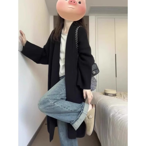 Lapel knitted jacket  new autumn Korean style commuting mid-length long-sleeved lazy style sweater knitted jacket