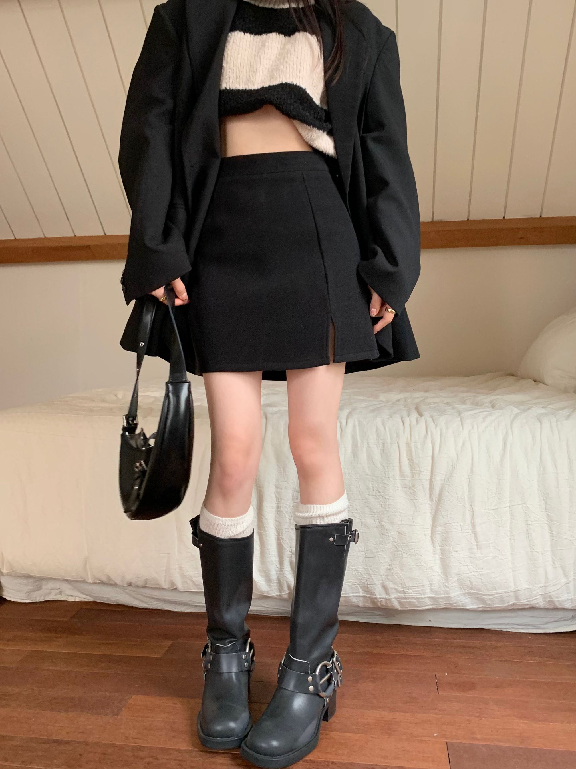 Actual shot~Thick woolen solid color slit hip-covering short skirt one-step skirt high waist slimming A-line skirt/5 colors