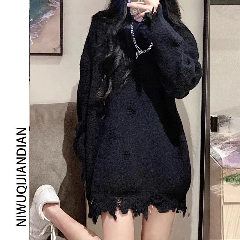 黑色秋冬毛衣女2023新款寬鬆慵懶風百搭破洞設計感小眾毛邊針織衫